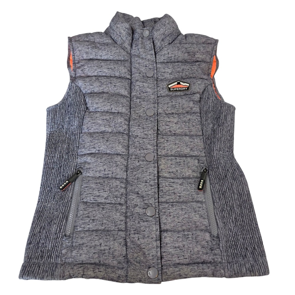 Superdry Womens Puffer Vest‎ Gray S Mock Neck Quilted Original Fuji Snap Outdoor
